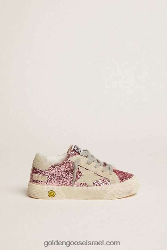 ילדים Golden Goose נעלי ספורט מאי בוורוד נצנצים עם כרטיסיית כוכבים ועקב בזמש אפור קרח 246D24859