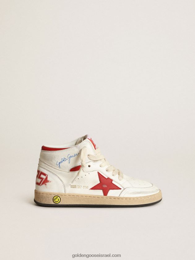 ילדים Golden Goose נעלי סניקרס צעירות של כוכבים שמיים מעור נאפה לבן עם כוכב עור אדום ולשונית עקב 246D24865