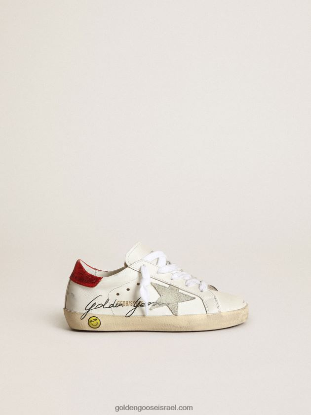 ילדים Golden Goose נעלי ספורט צעירות של כוכבי על עם כוכב זמש אפור קרח ולפת עקב עור מתכתי אדום 246D24869