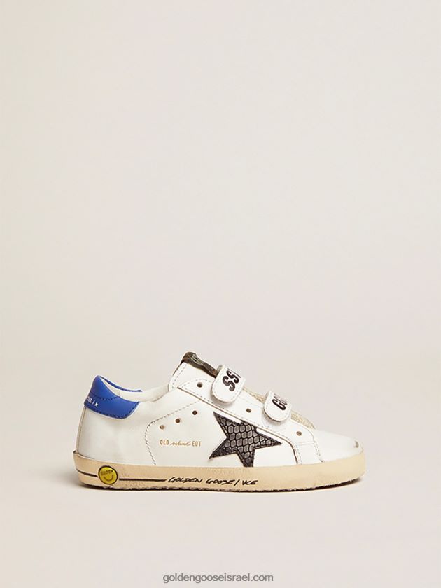 ילדים Golden Goose נעלי ספורט של בית ספר צעיר עם כוכב עור בהדפס נחש שחור ולפת עקב עור כחול 246D24871