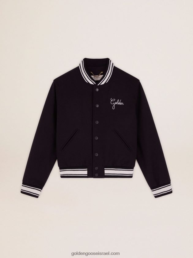 נשים Golden Goose מעיל בומבר בצמר כחול כהה עם פרטים לבנים מנוגדים 246D241028