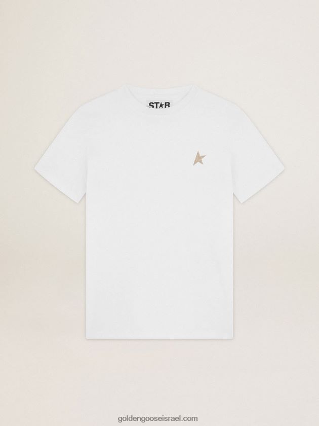נשים Golden Goose חולצת טי לבנה עם כוכב בגליטר זהב בחזית 246D241031