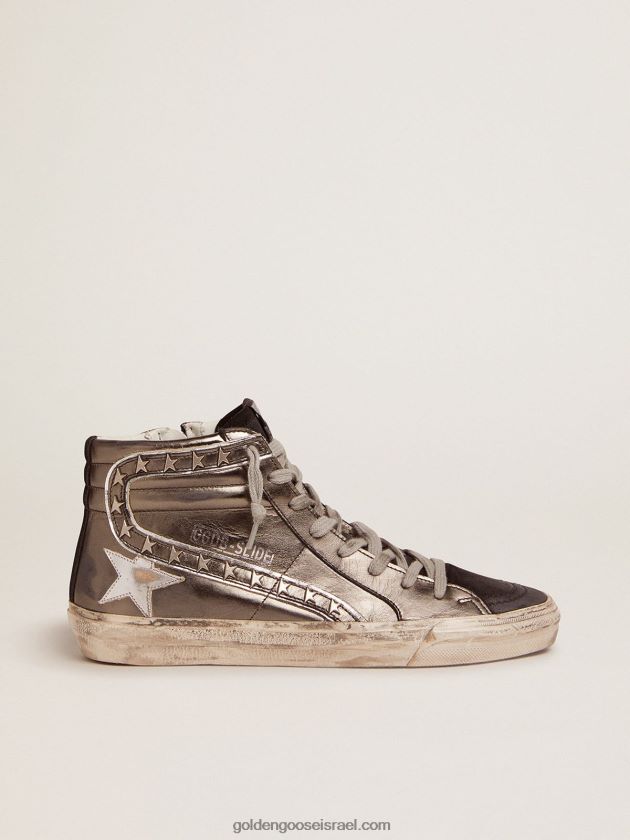 נשים Golden Goose נעלי סניקרס עם חלק עליון מעור למינציה כסוף וחתיכים בצורת כוכב 246D24108