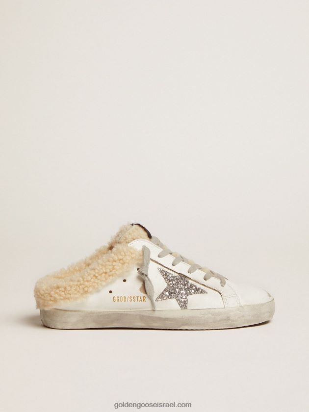 נשים Golden Goose חבלנים כוכבי-על בעור לבן עם כוכב נצנצים כסופים ובטנת שרלינג 246D24117