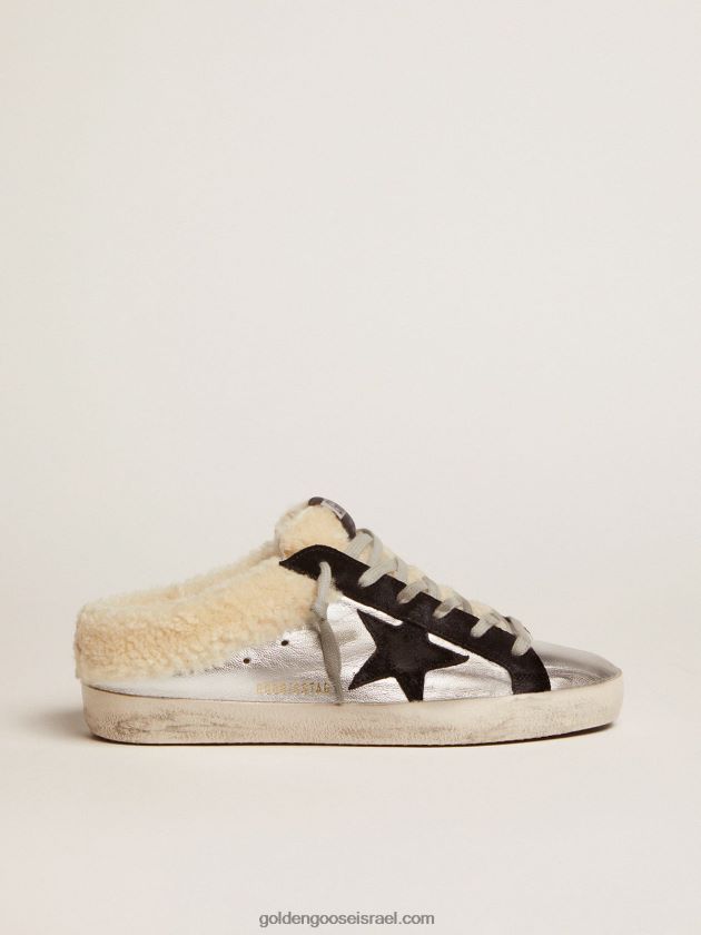 נשים Golden Goose סאבוט כוכבי על מעור למינציה כסוף עם כוכב זמש שחור 246D24121