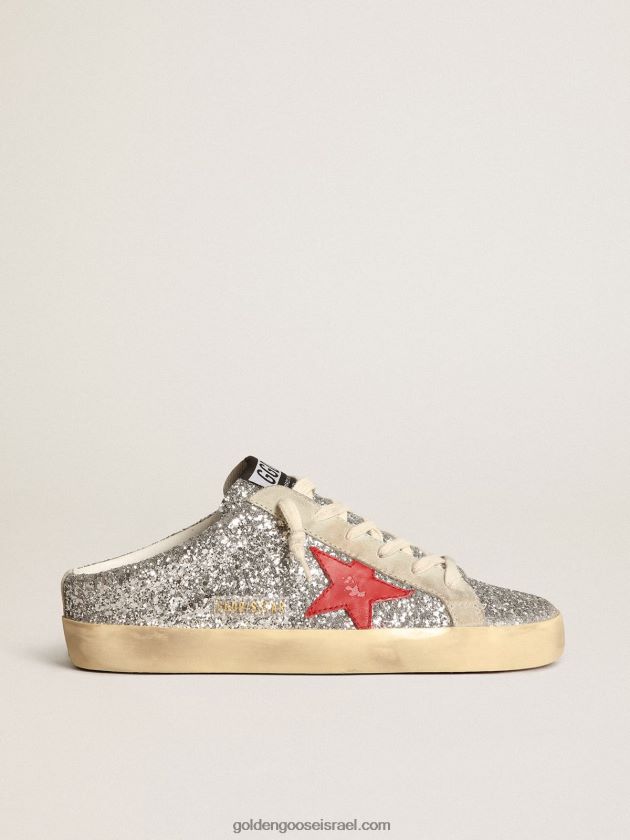 נשים Golden Goose חבלנים כוכבי על בניצוח כסף עם כוכב עור אדום 246D2413