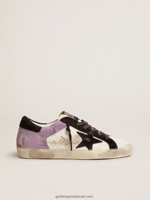 נשים Golden Goose נעלי ספורט סופר-סטאר בעור פוני לבן ולילך עם תוספות לעור פוני שחור 246D24135