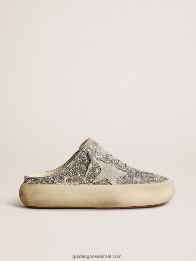 נשים Golden Goose חבלנים כוכבי חלל בגליטר כסף עם כוכב ולשון זמש אפור קרח 246D24148