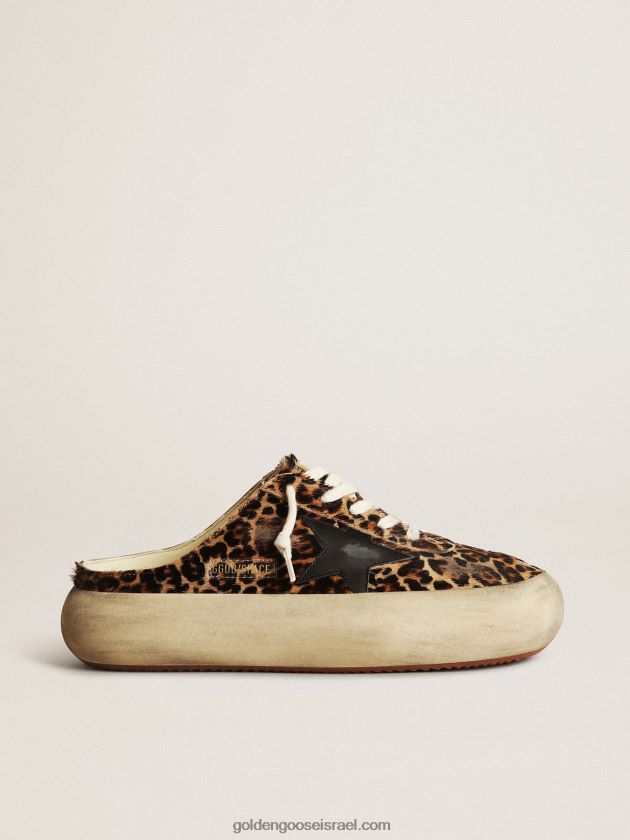 נשים Golden Goose חבלנים כוכבי חלל בעור פוני בהדפס נמר עם כוכב עור שחור 246D24149