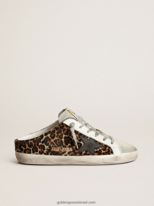 נשים Golden Goose חבלנים כוכבי על בעור פוני בהדפס נמר עם כוכב עור שחור ולשון זמש אפור קרח 246D2415