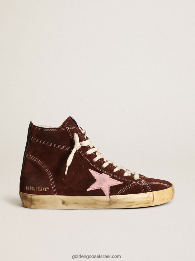 נשים Golden Goose סניקרס פרנסי מזמש חום עם כוכב עור ורוד ולשונית עקב מעור נאפה שחור 246D24164