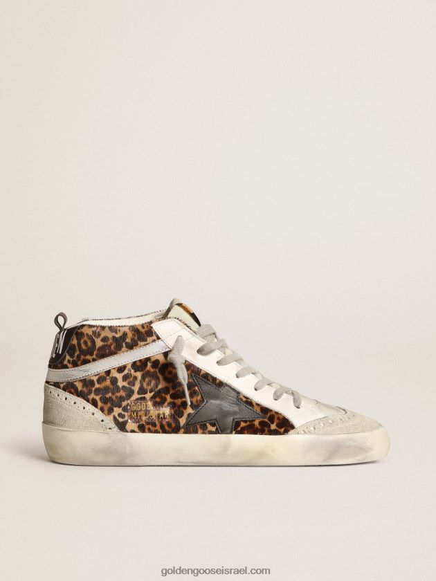 נשים Golden Goose נעלי סניקרס באמצע כוכב בעור פוני בהדפס נמר עם כוכב עור שחור ופלאש עור למינציה כסוף 246D24180