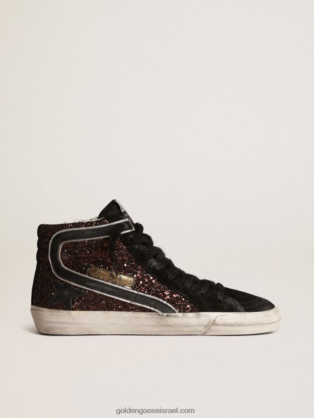 נשים Golden Goose שקף עם נצנצים חומים עם כוכב ופלאש עור שחור 246D24181