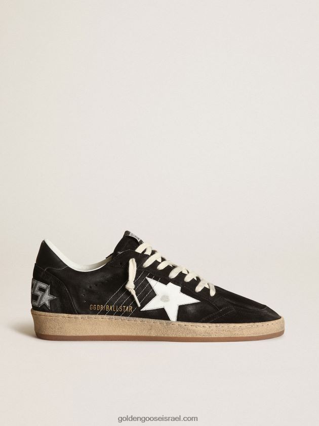 נשים Golden Goose נעלי ספורט כוכב כדור בזמש שחור עם כוכב עור לבן ולשונית עקב עור שחור 246D2419