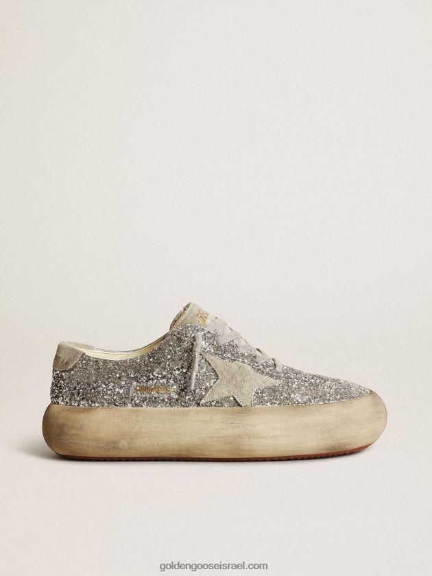 נשים Golden Goose נעלי כוכב חלל בגליטר כסף עם כוכב זמש אפור קרח ולשונית עקב 246D24212