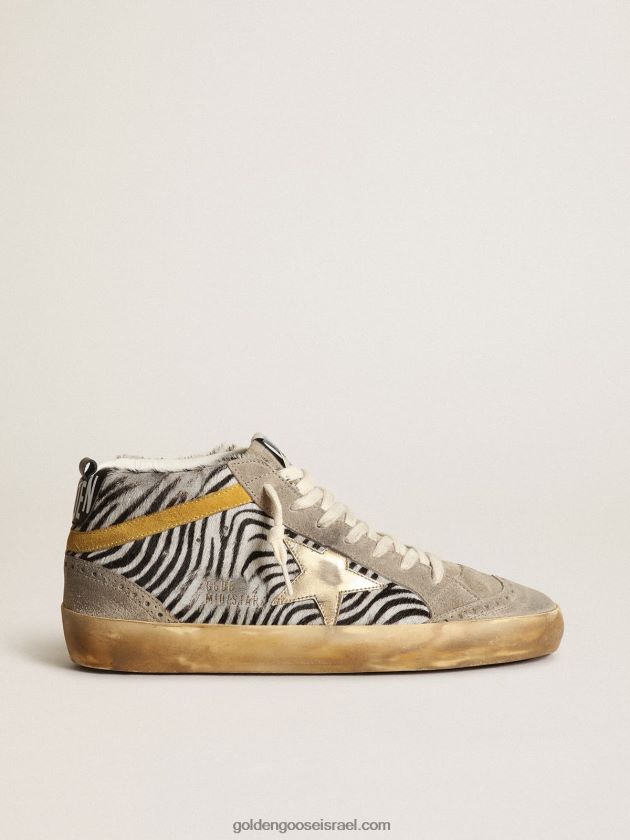 נשים Golden Goose נעלי סניקרס באמצע כוכב בעור פוני בהדפס זברה עם כוכב עור מטאלי זהב ופלאש זמש בצבע חרדל 246D2422