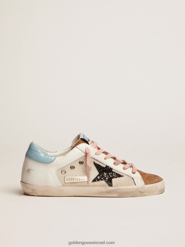 נשים Golden Goose נעלי ספורט סופר-סטאר ברשת אפור בהיר ועור לבן עם כוכב נצנצים שחור 246D24227