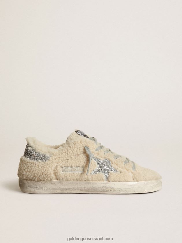 נשים Golden Goose נעלי ספורט כוכב-על בגזרת בז' עם כוכב נצנצים כסוף וכרטיסיית עקב 246D24246