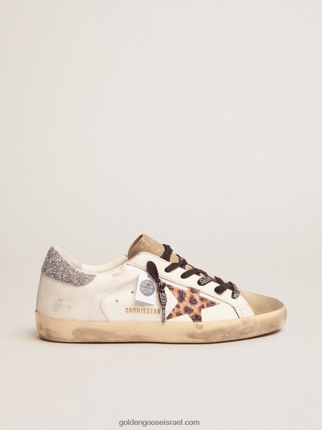 נשים Golden Goose נעלי ספורט כוכב-על עם כוכב קריסטל בהדפס נמר וכרטיסיית עקב קריסטל בצבע כסף 246D2426