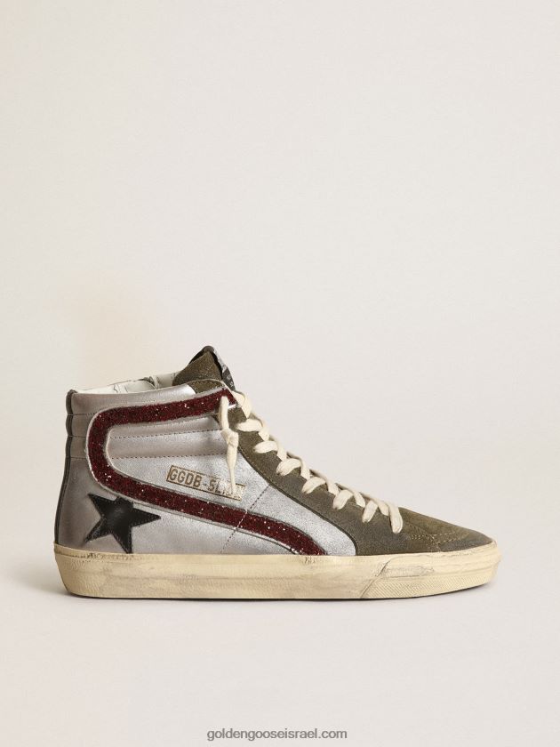 נשים Golden Goose מגלשה כסופה עם כוכב עור שחור ופלאש נצנצים 246D24261