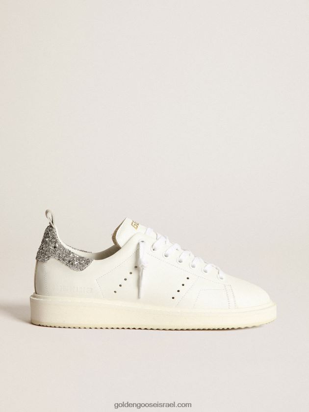 נשים Golden Goose נעלי ספורט מתחילות מעור לבן עם לשונית עקב נצנצים כסופה 246D2427