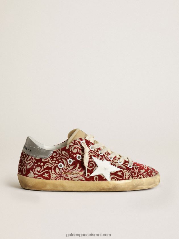 נשים Golden Goose סניקרס כוכבי על מבד ג'קארד אדום כהה ושנהב עם כוכב עור לבן 246D24270