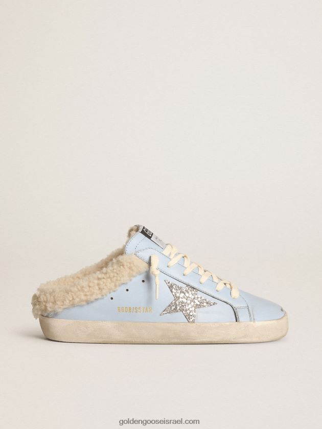 נשים Golden Goose חבלנים כוכבי-על מעור כחול-פודרה עם כוכב נצנצים כסוף ובטנת שרלינג בז' 246D24274