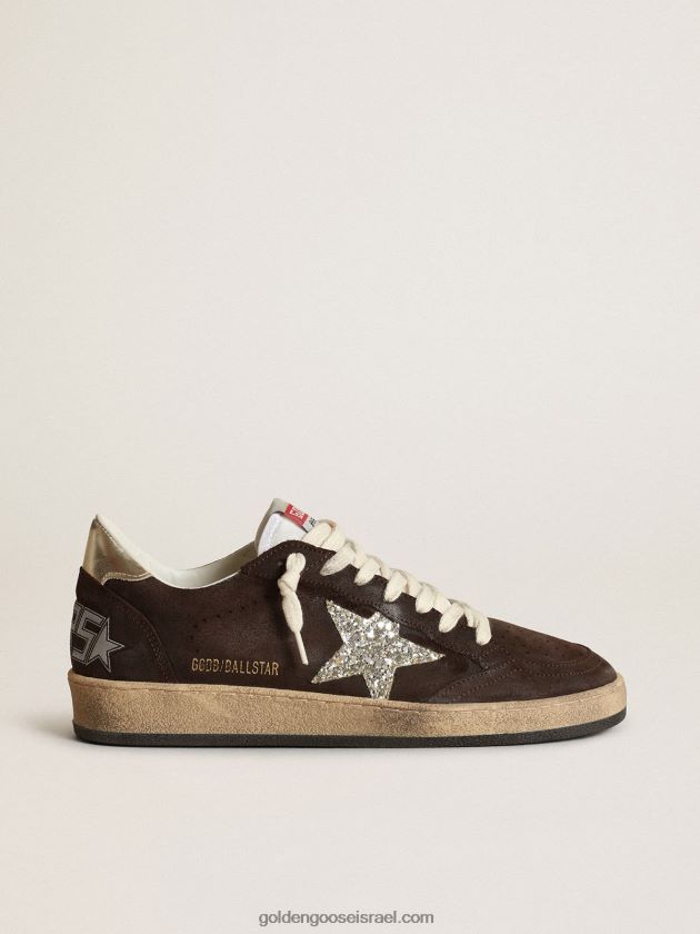 נשים Golden Goose סניקרס כוכב כדור מזמש חום עם כוכב נצנצים פלטינה ולשון ניילון לבנה 246D24275