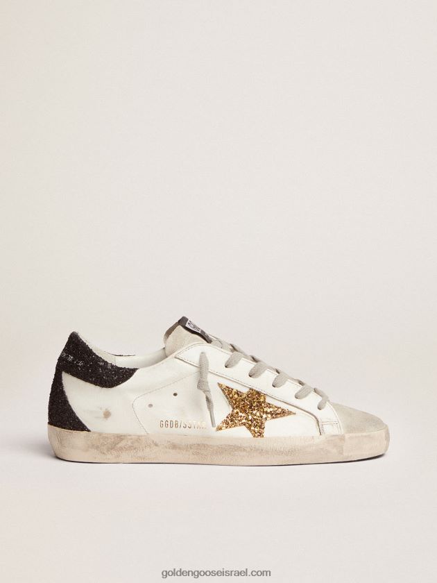 נשים Golden Goose נעלי ספורט כוכב-על עם כוכב זהב וכרטיסיית עקב שחורה נוצצת 246D24277