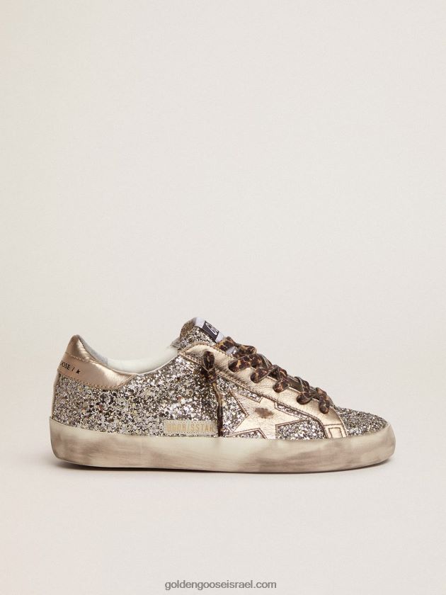 נשים Golden Goose נעלי ספורט כוכב-על בגליטר בצבע פלטינה עם לשונית כוכבים ועקב בעור למינציה בגוון 246D24286