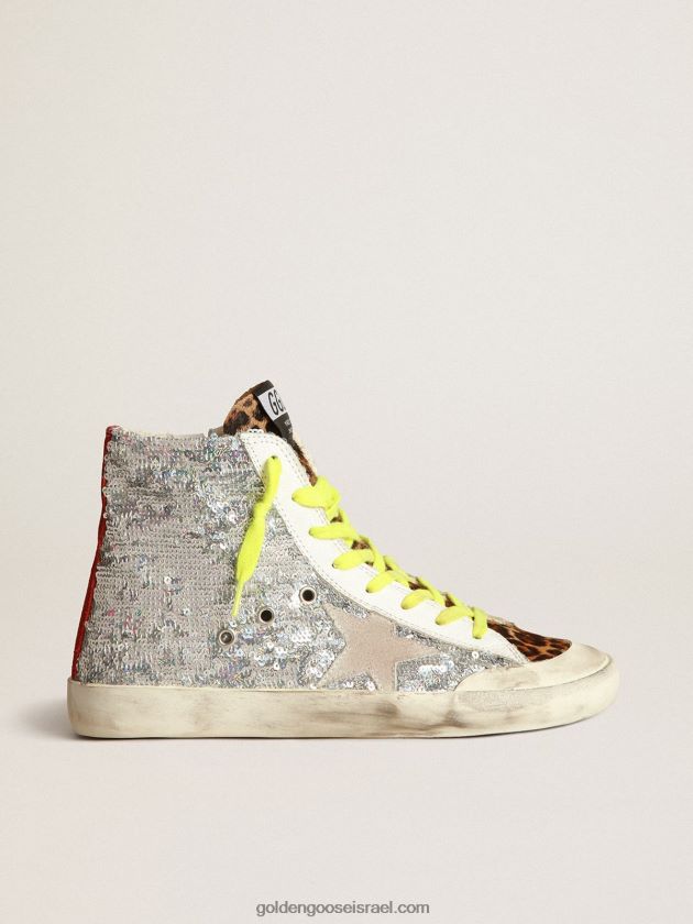 נשים Golden Goose סניקרס פרנסי עם פאייטים כסופים ועור פוני בהדפס נמר 246D2432