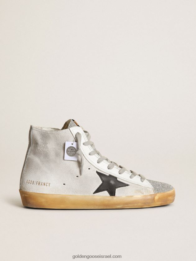 נשים Golden Goose סניקרס פרנסי בזמש לבן עם לשון במיקרו קריסטלים של סברובסקי וכוכב עור שחור 246D2438