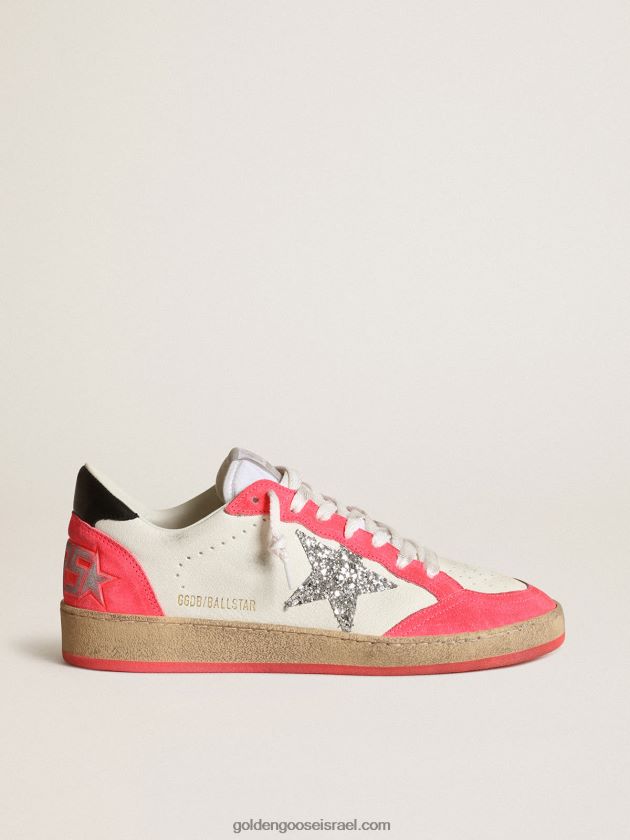 נשים Golden Goose נעלי סניקרס כוכבי כדור מעור נאפה לבן עם כוכב נצנצים כסוף 246D2440