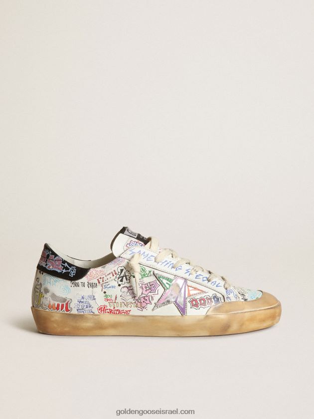 נשים Golden Goose סניקרס כוכבי כוכבים מעור לבן עם כיתוב צבעוני 246D2441