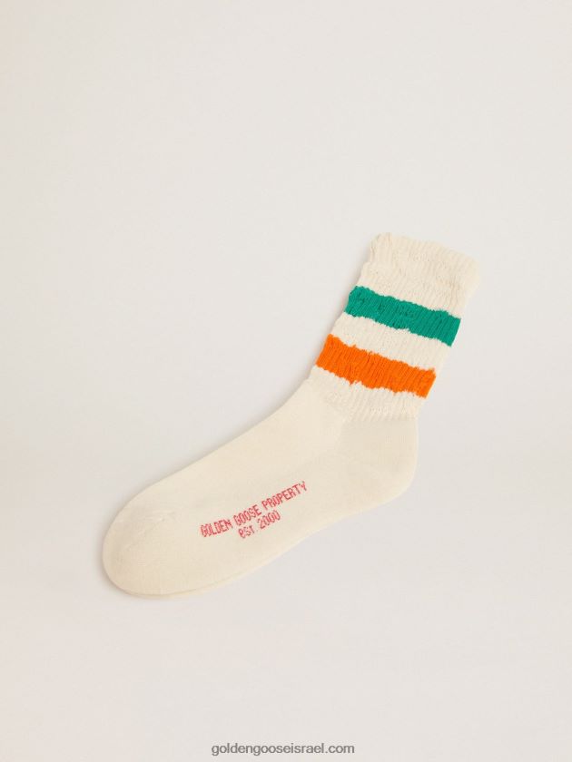 נשים Golden Goose גרביים לבנים בגימור מצוקה עם פסים ירוקים וכתומים 246D24414