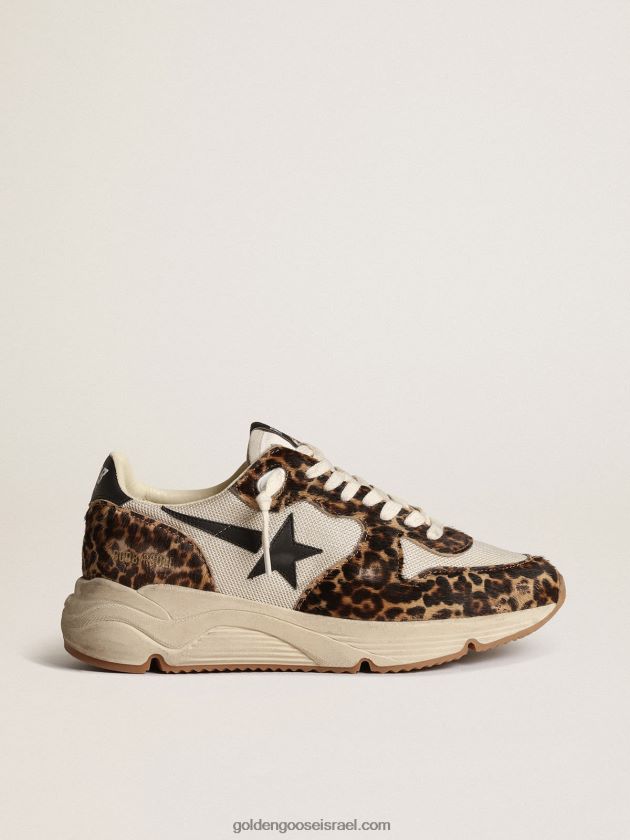 נשים Golden Goose נעלי ספורט סוליית ריצה ברשת בצבע שמנת עם תוספות לעור פוני בהדפס נמר וכוכב עור שחור 246D2447