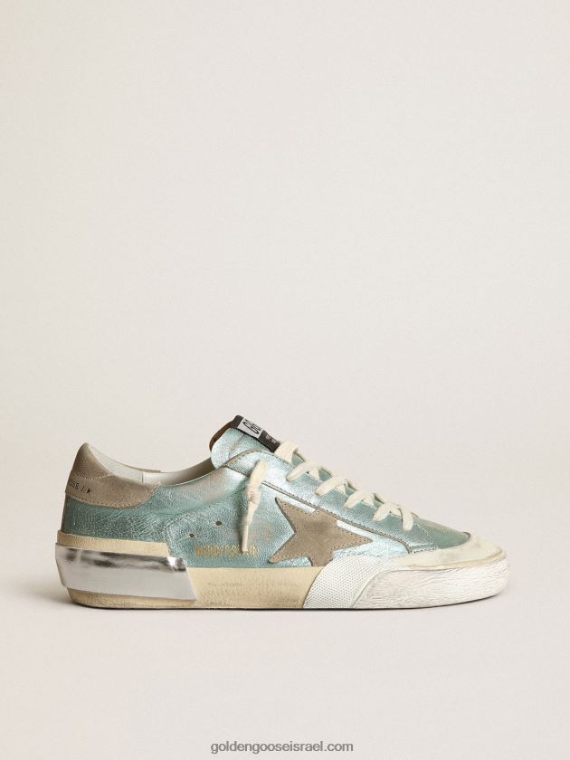 נשים Golden Goose נעלי ספורט סופר-סטאר מעור למינציה בצבע ירוק מנטה עם כוכב זמש אפור קרח ומולטי פוקס 246D2448