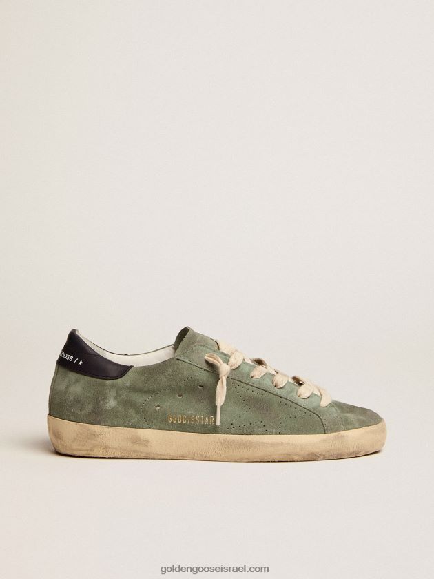 נשים Golden Goose נעלי ספורט כוכב-על מזמש ירוק צבאי עם כוכב מחורר ולשונית עקב מעור כחול כהה 246D2449