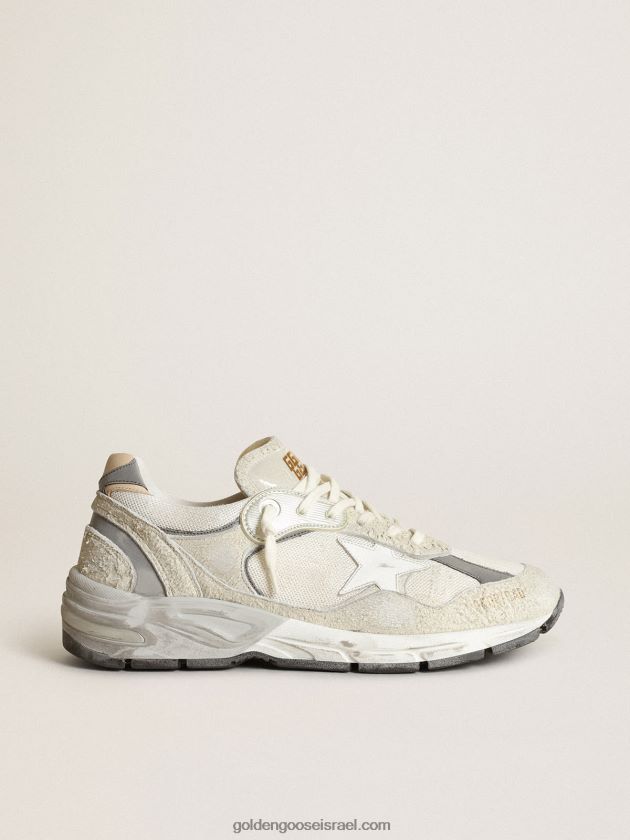 נשים Golden Goose נעלי ספורט של כוכב אבא ברשת לבן וזמש עם כוכב עור לבן ולפת עקב עור בז' 246D245