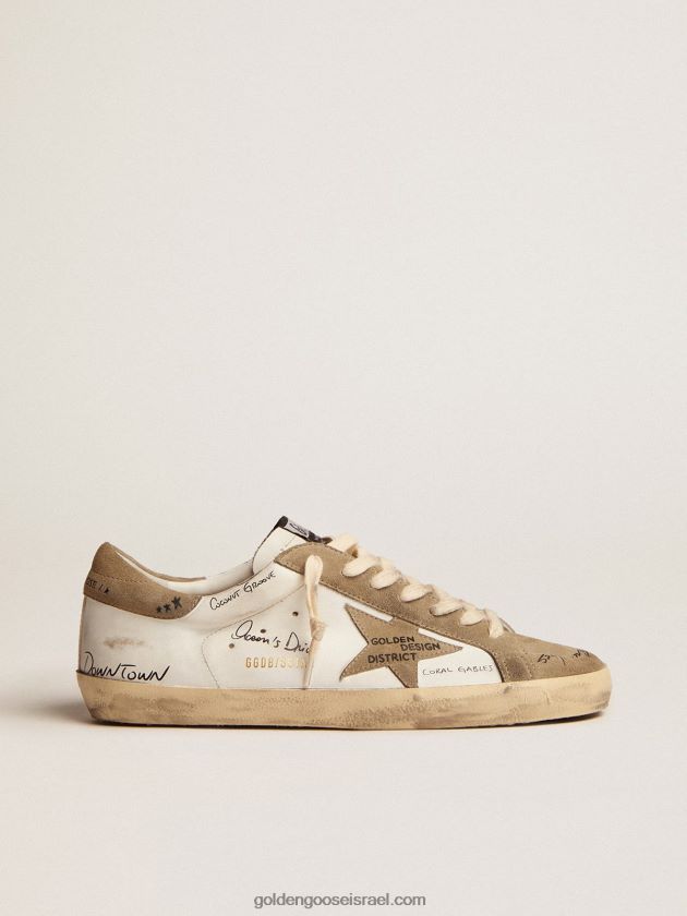 גברים Golden Goose נעלי ספורט-כוכב-על מעור לבן עם תוספות זמש אפור-יונה וכיתוב שחור. 246D24511