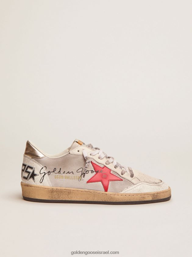 גברים Golden Goose נעלי ספורט כוכב כדור ברשת כסף חיוור עם כוכב עור אדום 246D24520