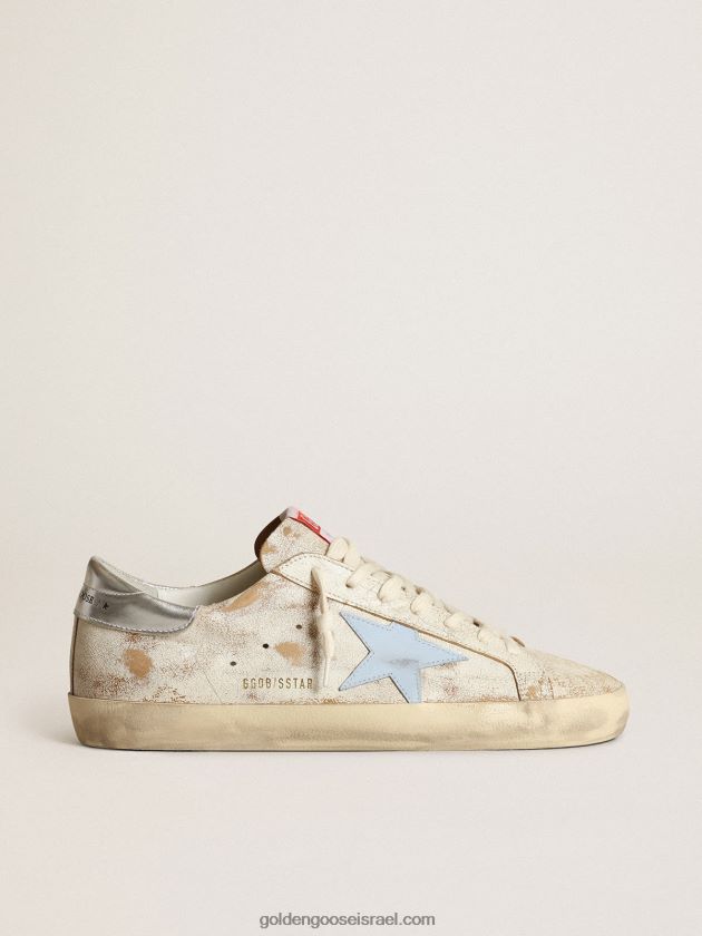 גברים Golden Goose נעלי ספורט סופר-סטאר עם כוכב עור בצבע תכלת מעושן וכרטיסיית עקב מעור מתכתי כסוף 246D24522