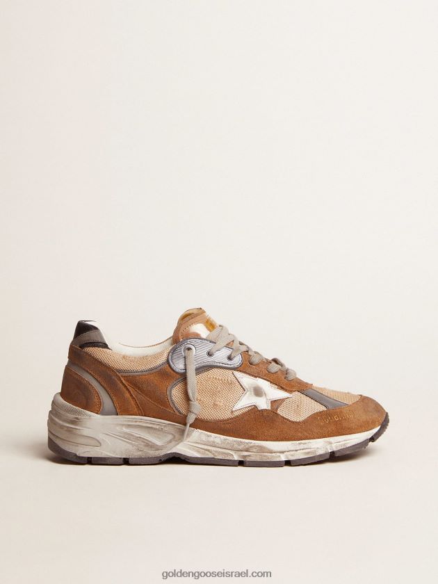 גברים Golden Goose נעלי ספורט של כוכב אבא ברשתות וזמש בצבע טבק עם כוכב עור לבן ולשונית עקב עור שחור 246D24526