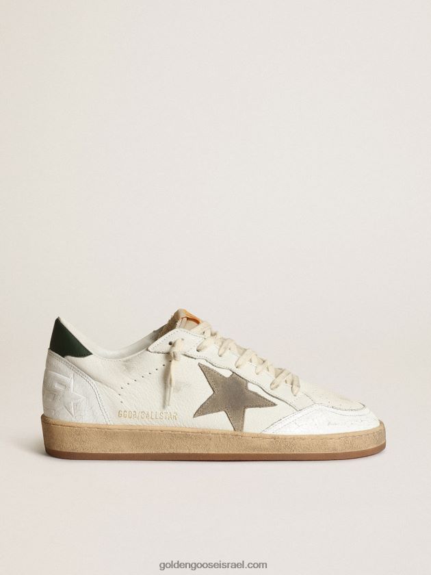 גברים Golden Goose נעלי ספורט כוכבי כדור מעור נאפה לבן עם כוכב זמש אפור יונה ולפת עקב עור ירוק כהה 246D24529