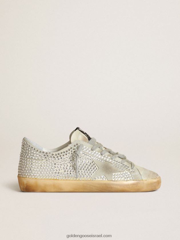 נשים Golden Goose נעלי ספורט כוכבי על בגווני נובוק אוף-ווייט וקריסטלים של סברובסקי עם כוכב זמש אפור קרח 246D2453