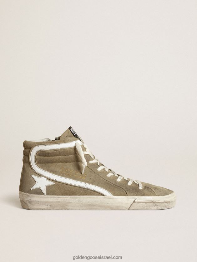 גברים Golden Goose נעלי סניקרס בזמש ירוק צבאי עם כוכב ופלאש עור לבן 246D24534