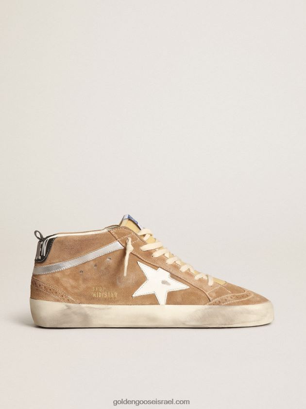 גברים Golden Goose נעלי סניקרס באמצע כוכב מזמש בצבע טבק עם כוכב עור לבן ופלאש עור מטאלי כסוף 246D24538