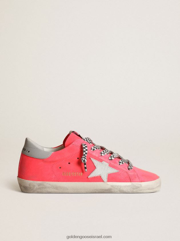 נשים Golden Goose נעלי ספורט כוכב-על בזמש בצבע לובסטר ניאון עם כוכב עור פוני לבן 246D2454
