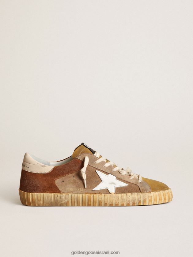 גברים Golden Goose נעלי ספורט סופר-סטאר בטבק וזמש חום עם כוכב עור לבן 246D24543