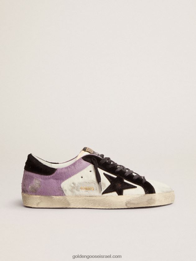 גברים Golden Goose נעלי ספורט סופר-סטאר בעור פוני לבן ולילך עם תוספות לעור פוני שחור 246D24556